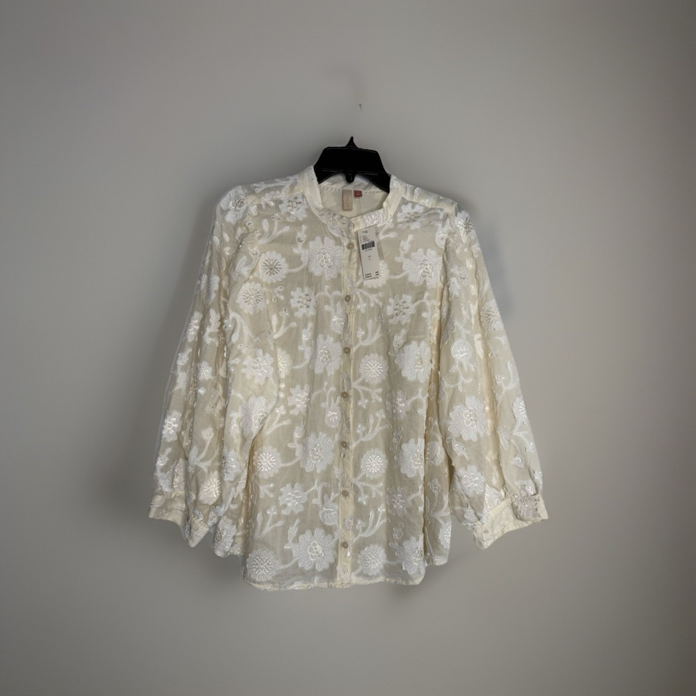 Anthropologie Pilcro Bella Femme Floral Velvet Cream Button Front Blouse Size L